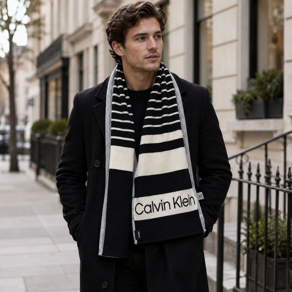 Knit Scarf Calvin Klein Logo Striped Black Gray Unisex Winter 9x82 Minimalist